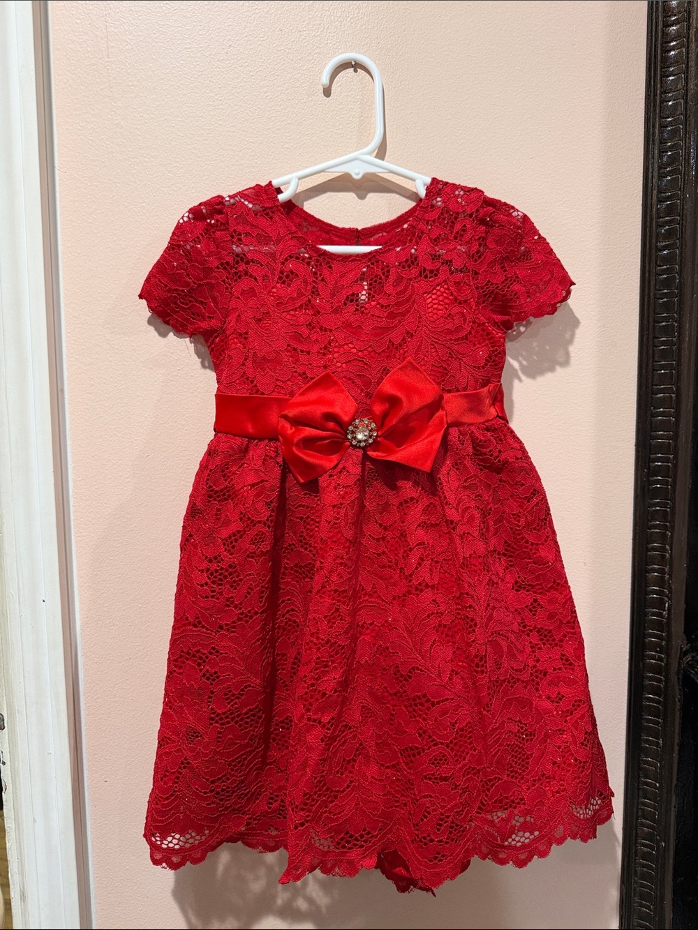 Rare Editions Bright Red Lace Bow Waist Formal Dress